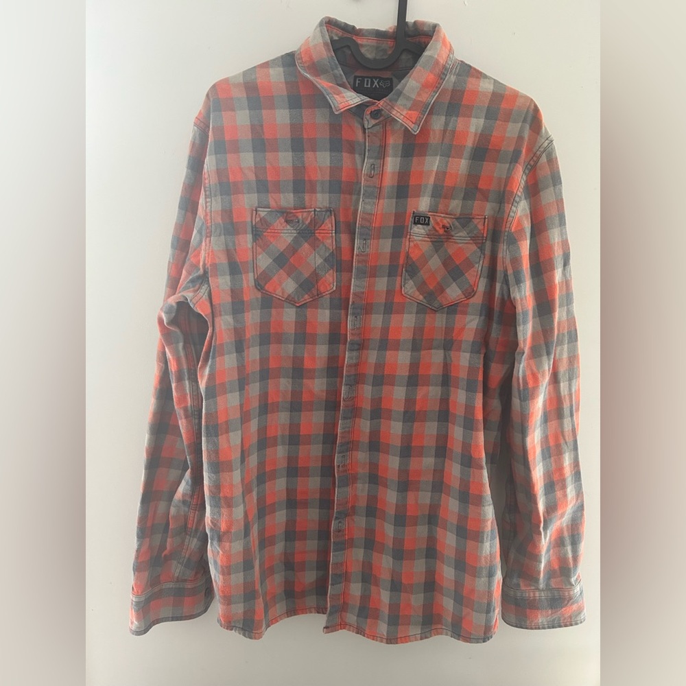 Fox Racing Button Up Shirt Mens Large Orange Plaid checkered Outdoor Casual